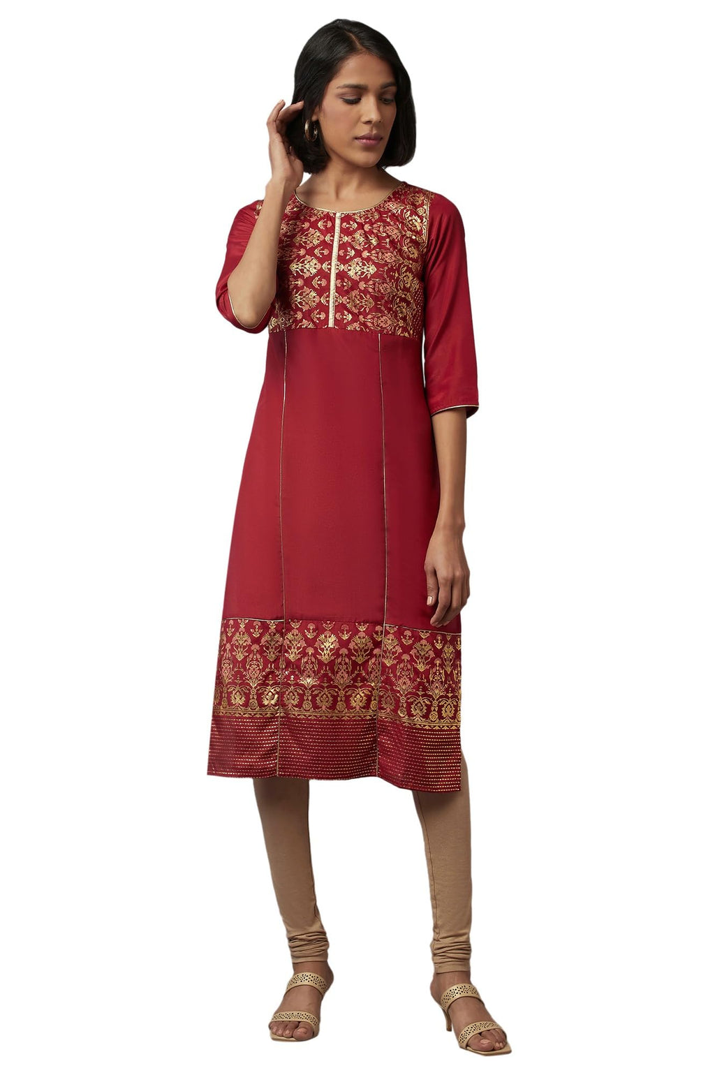 Aurelia Women'S Polyester Floral Regular Kurta (20Sta12095-501542_Rhubarb_M)