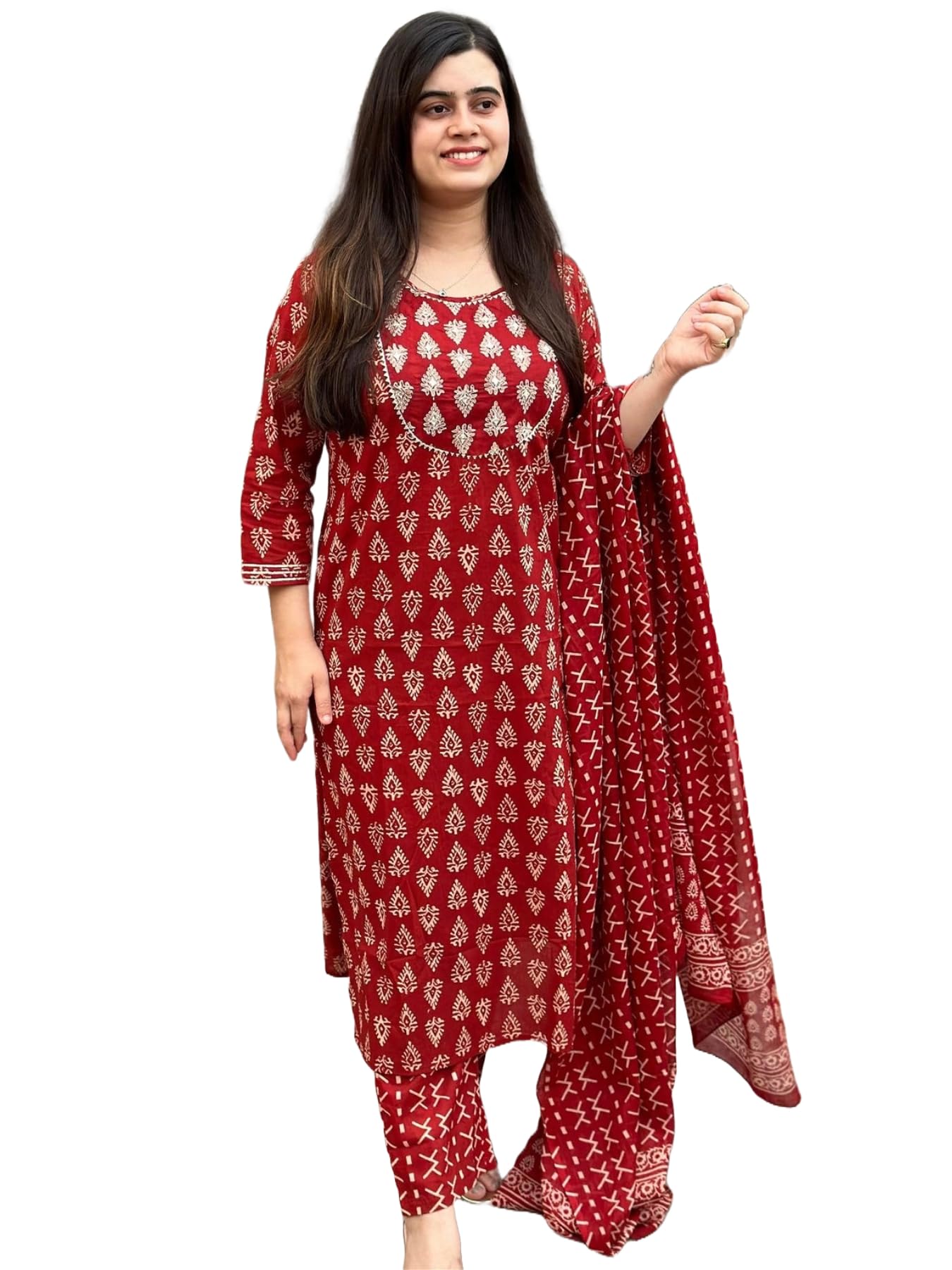 ANNI DESIGNER Women s Rayon Blend Kurta with Pants and Dupatta, Red, S