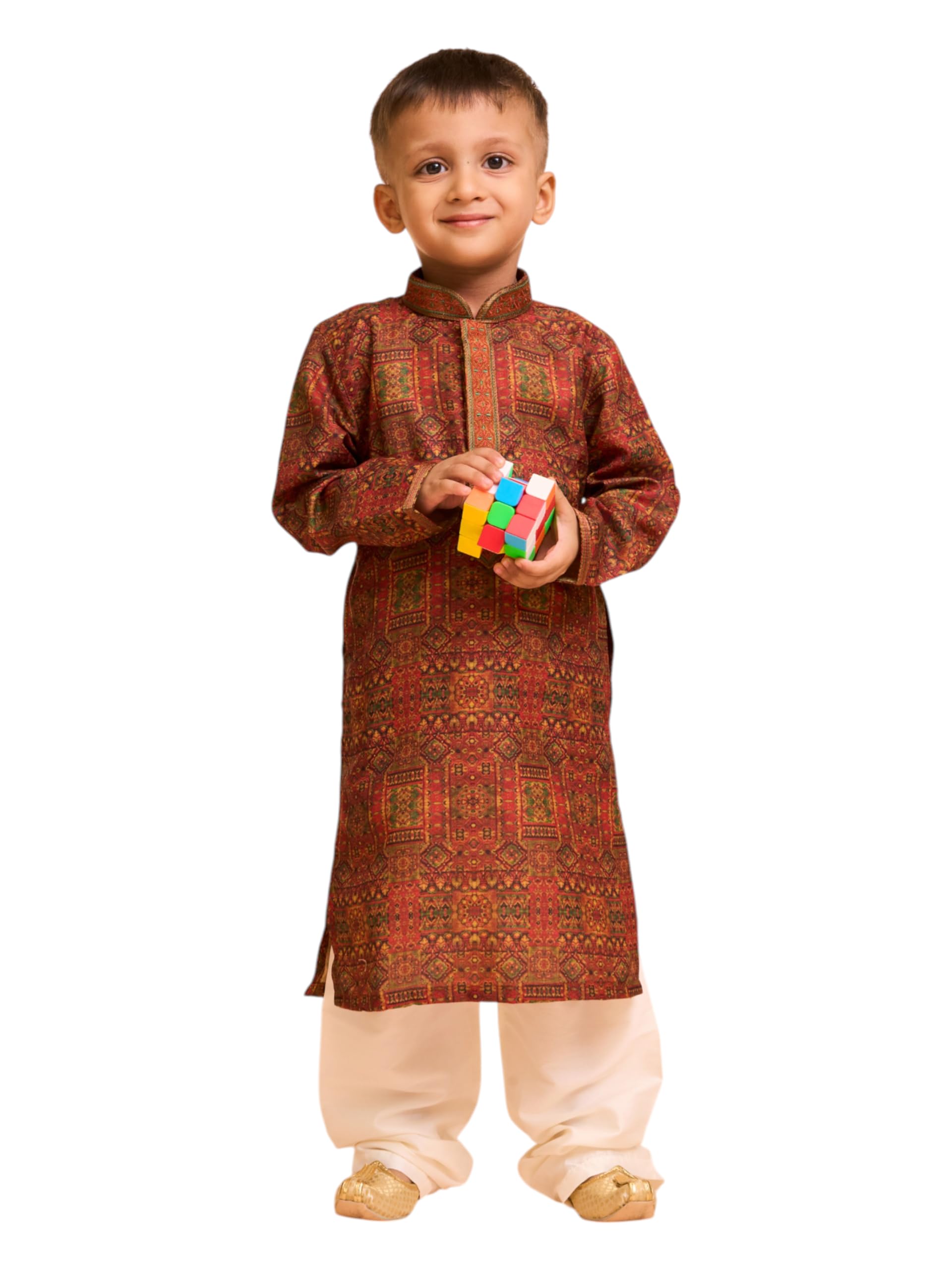 Manyavar Boys Viscose Blend Aztec Printed Kurta Pyjama Set (Rust,3-4Y)