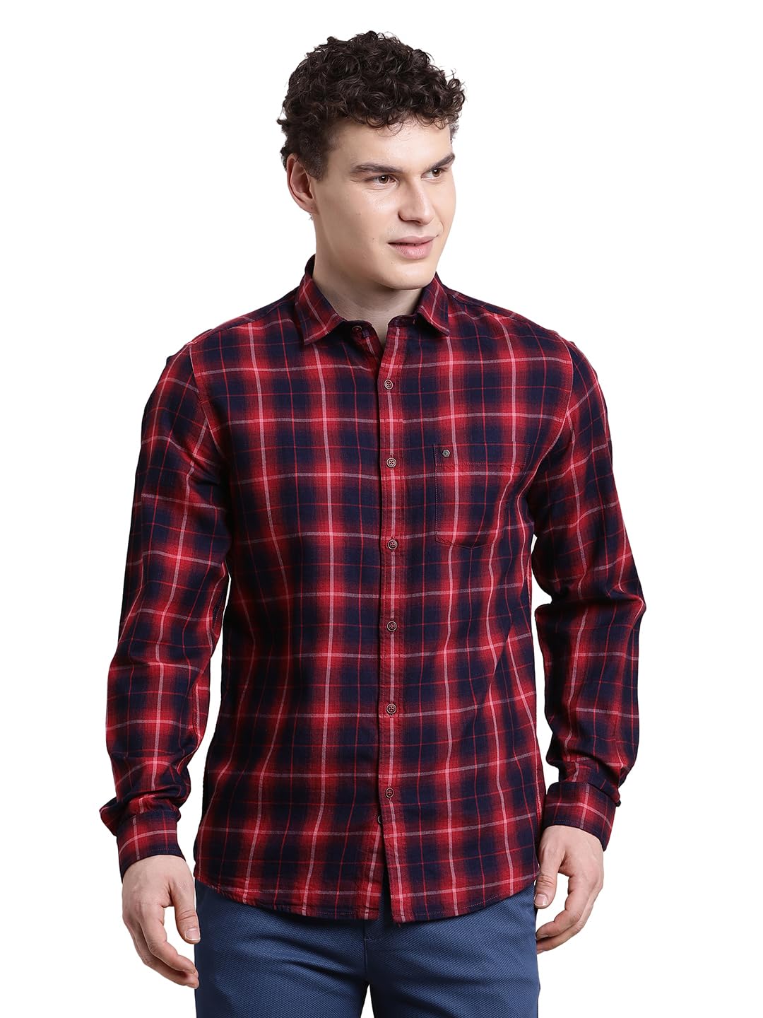 Turtle Men Slim Fit Checkered Pure Cotton Indigo Navy Blue/Red Casual Shirt