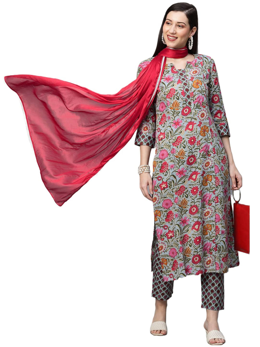 ANNI DESIGNER Womens Pure Cotton Printed Straight Kurta, Pant & Dupatta (Sunu Green_S_Multi_Small)