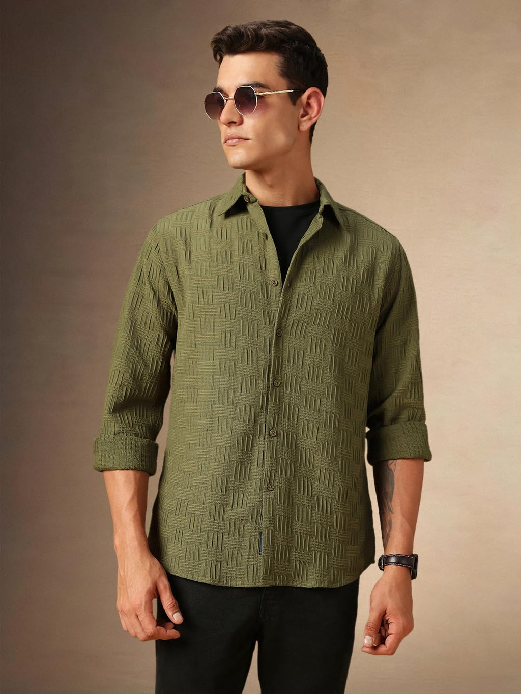 Dennis Lingo Men Textured Cotton Poly Regular Fit Full Sleeves Shirts Olive