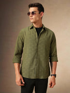 Dennis Lingo Men Textured Cotton Poly Regular Fit Full Sleeves Shirts Olive