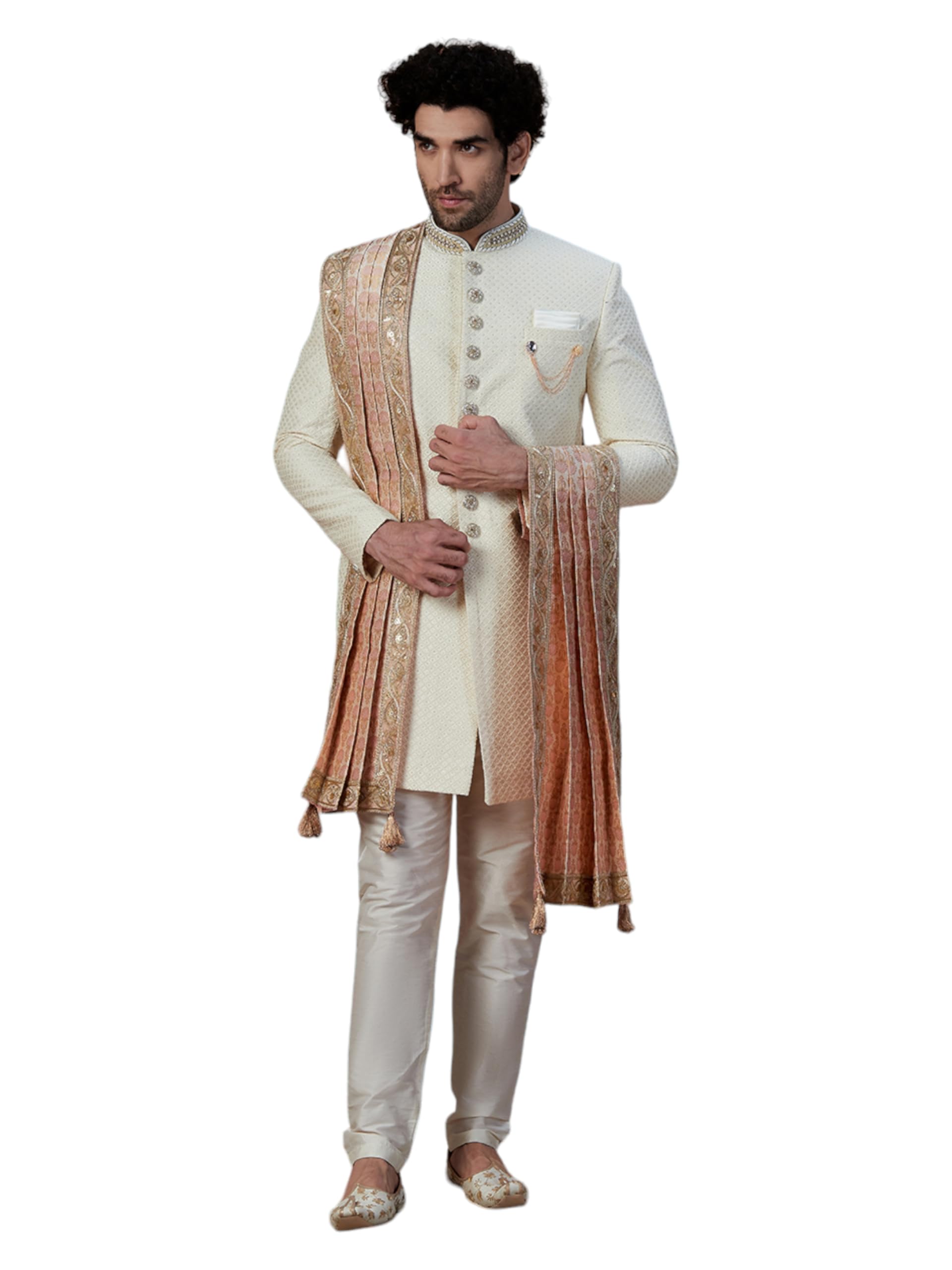Manyavar Coral Pink Pleated Jacquard Dupatta