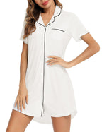 Senert Nightgowns & Nightshirts for Women Short Sleeve Nightshirt V-Neck Sleepwear Boyfriend Sleepshirt Pajama Dress White,Mediu