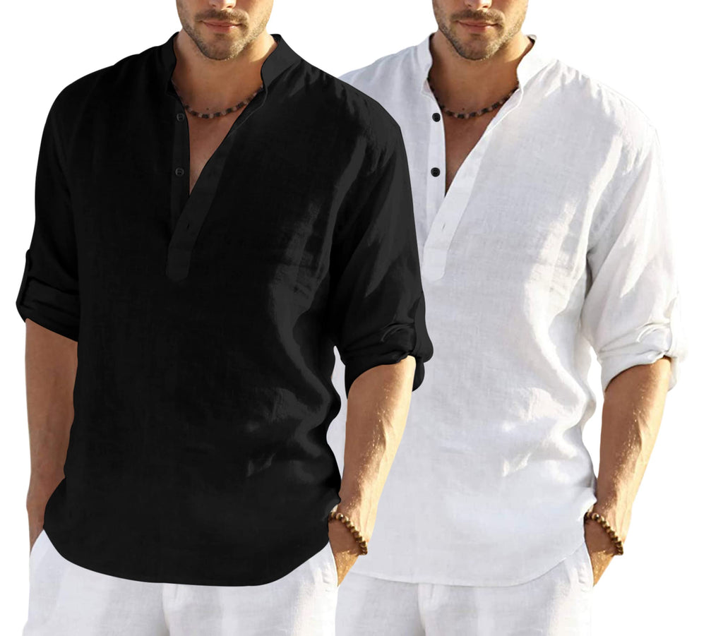 Bellstone MenS Cotton Blend Solid Regular Dress Shirt (Kurta800_Combo_Black_White_Xl