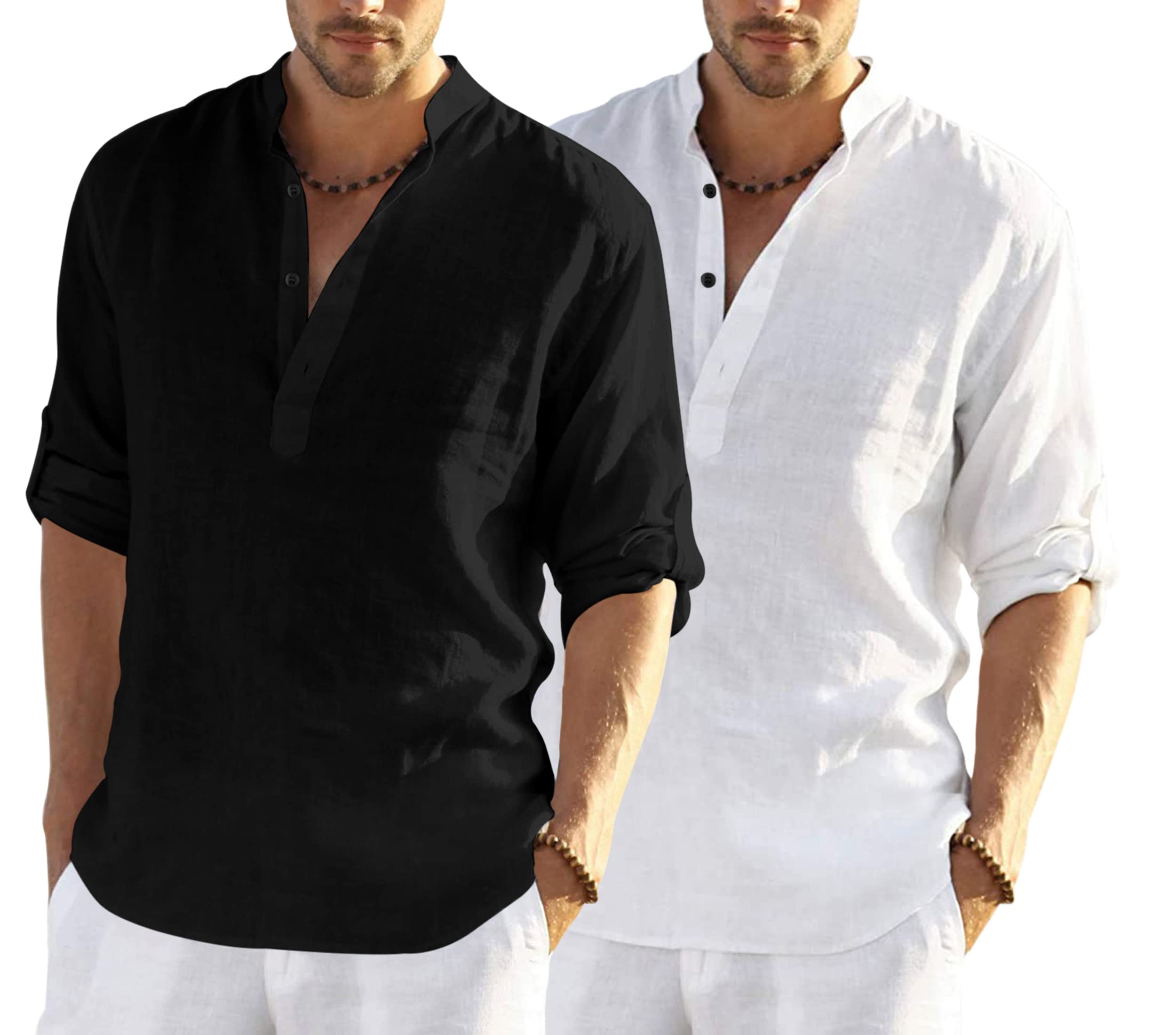 Bellstone MenS Cotton Blend Solid Regular Dress Shirt (Kurta800_Combo_Black_White_Xl