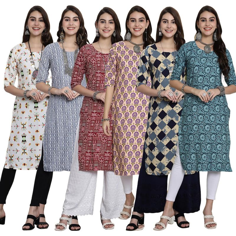 Pinkmint WomenS Crepe Kurti Round Neck Straight Kurti For Women Comfortable Kurti For WomenS (Pack Of 6)