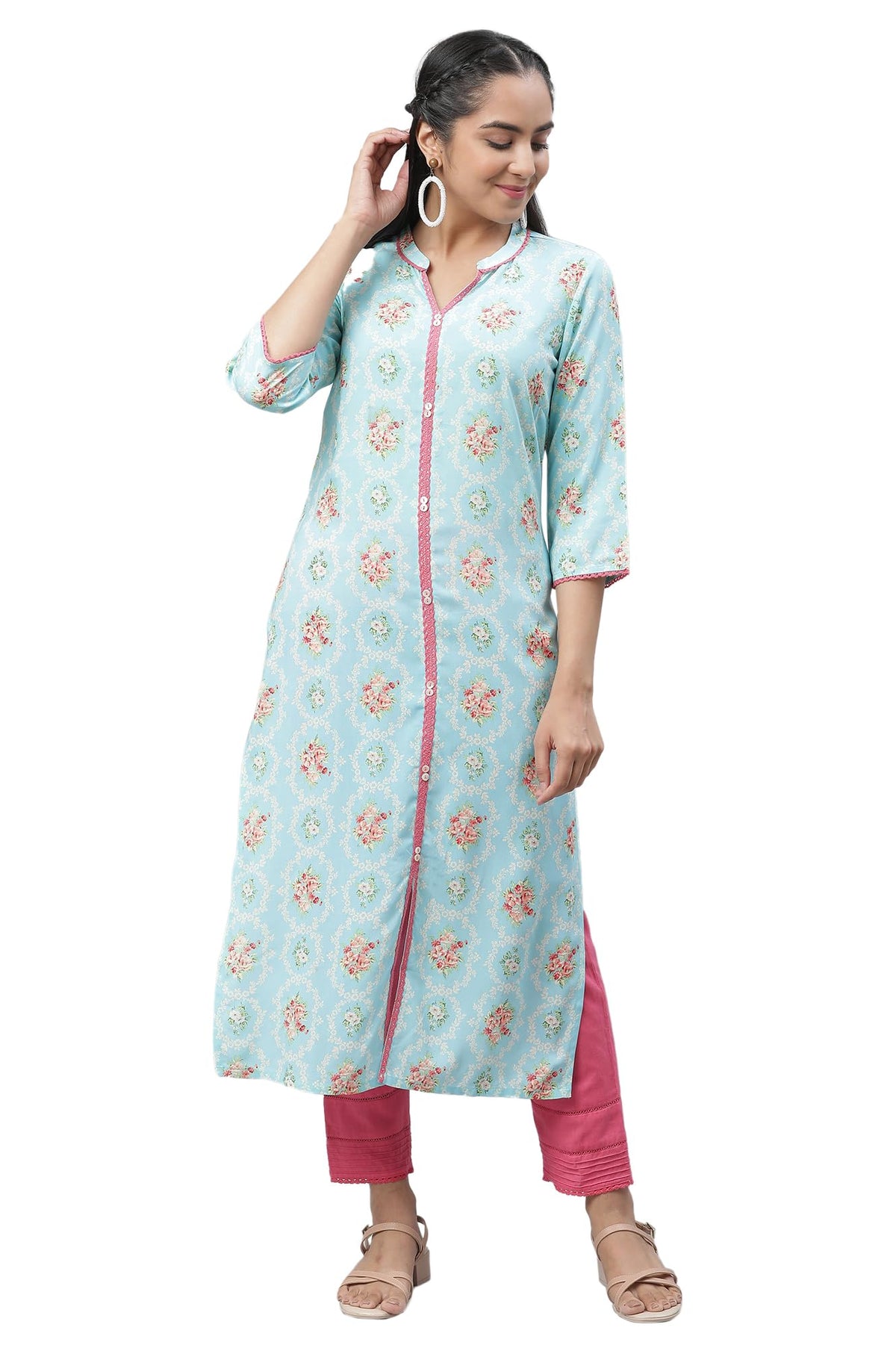 Aurelia WomenS Blue Radiance Floral Printed Viscose Straight Kurta_23Aua14482-507273_M