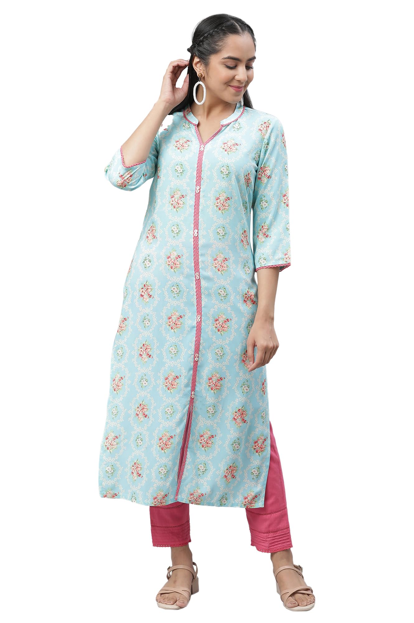 Aurelia Womens Blue Radiance Floral Printed Viscose Straight Kurta_23AUA14482-507273_S