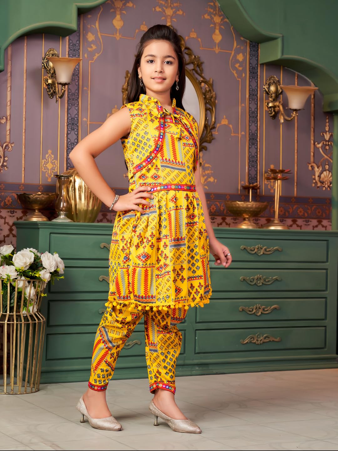Aarika Girls Ethnic Wear Yellow Colour Abstract Print Crepe Kurti Patiala Set With Jacket (4-13 Years)