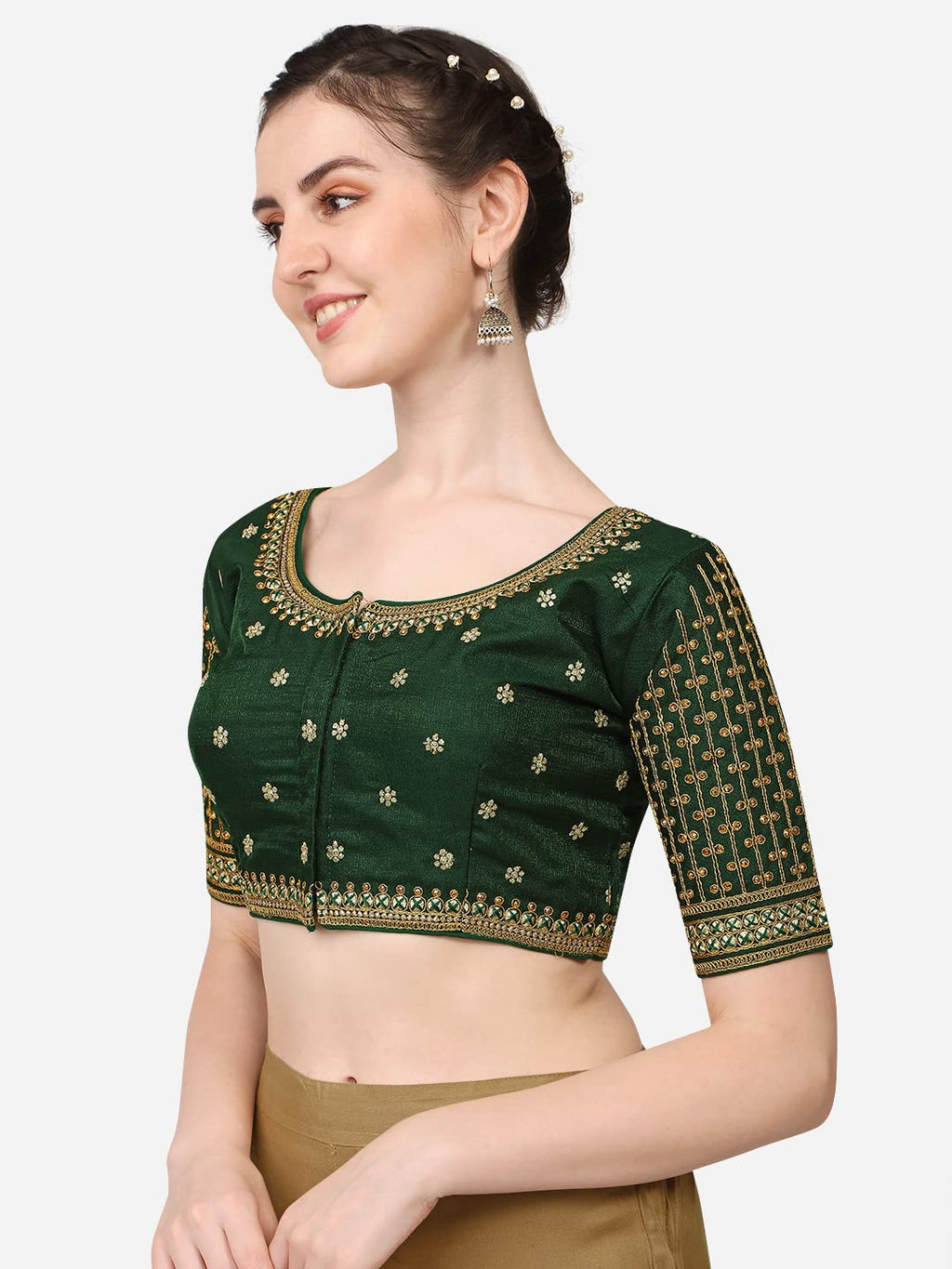 Pujia Mills WomenS Cobra Silk Embroidery Coding Stone Work Half Sleeve Saree Blouse