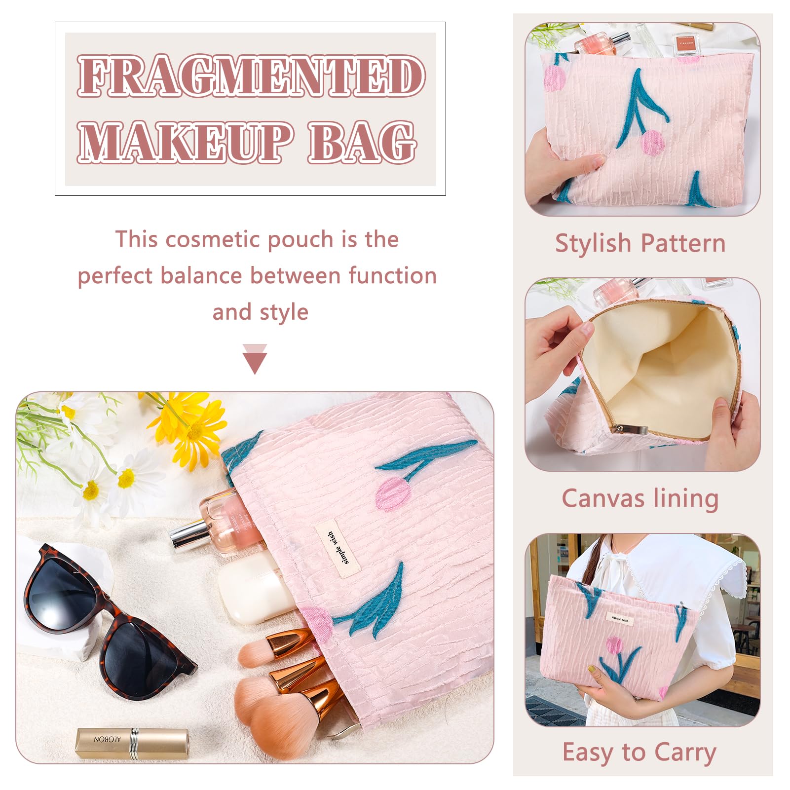 ZLFSRQ Tulip Makeup Bag Travel Cute Pink Flower Floral Cosmetic Bags for Women Large Embroidery Makeup Pouch Zipper Cosmetic Pou