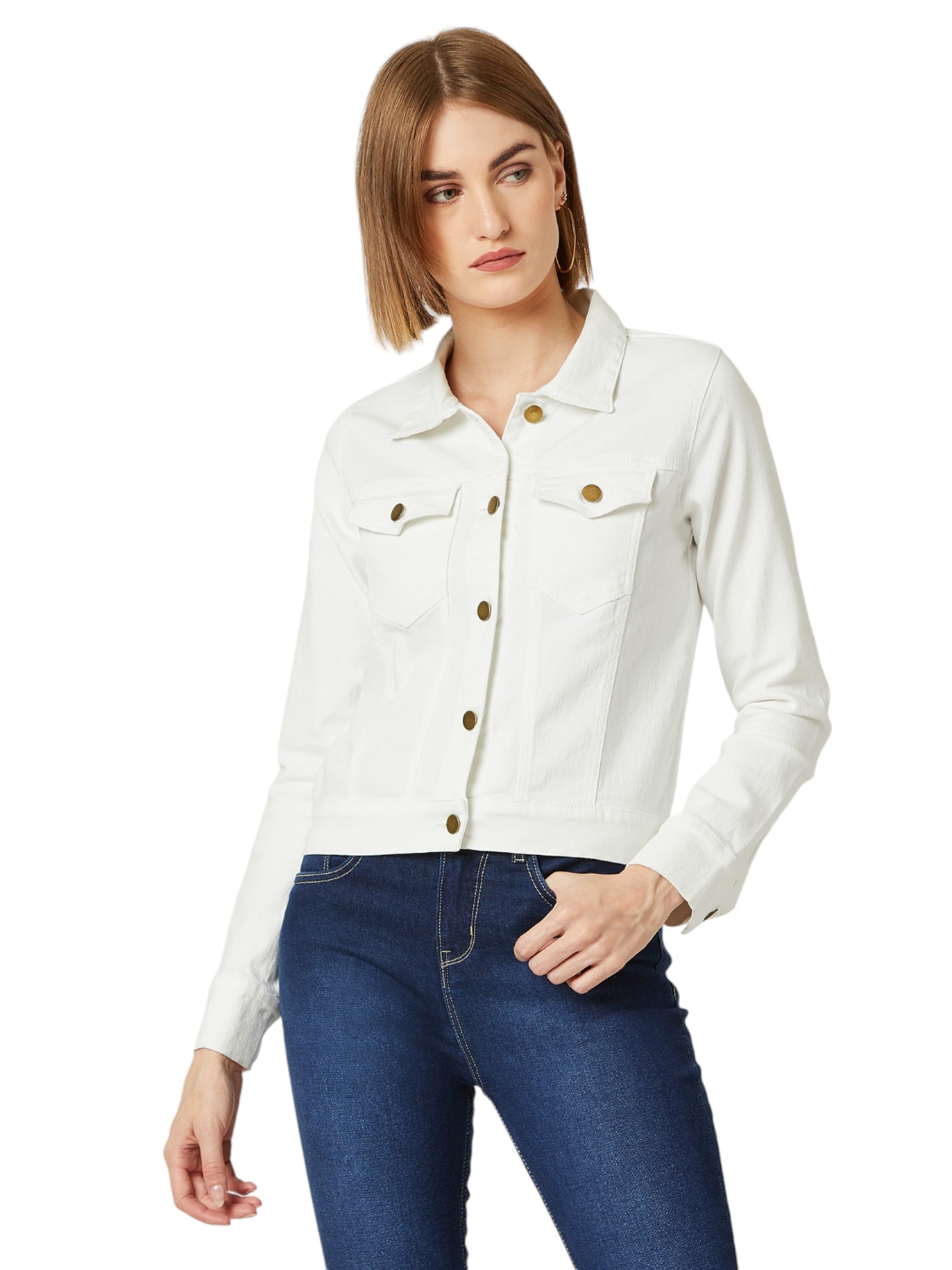 Miss Chase Womens Polo Neck Full Sleeves Denim Cropped Jacket (MCAW24DEN90-29-82-06, White, XL)