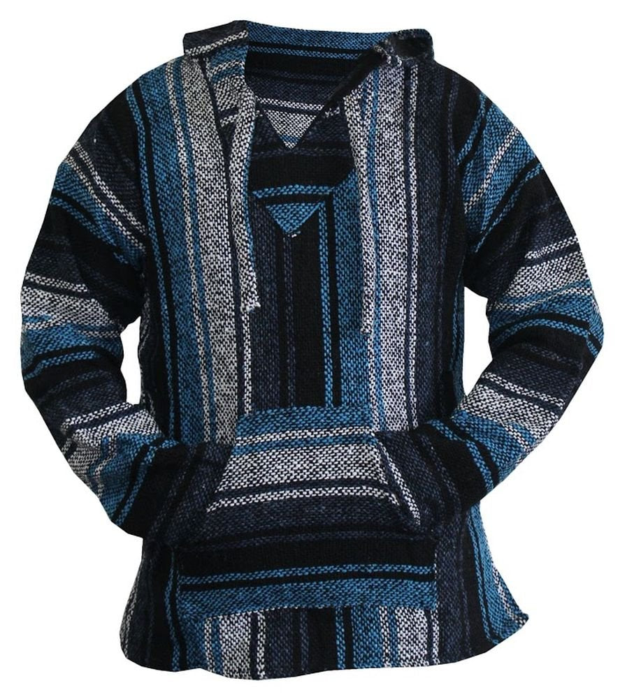 Mexican Baja Hoodie Hippie Surf Poncho Sweater Sweatshirt Pullover Jerga (XX-Large, Blue/Gray)