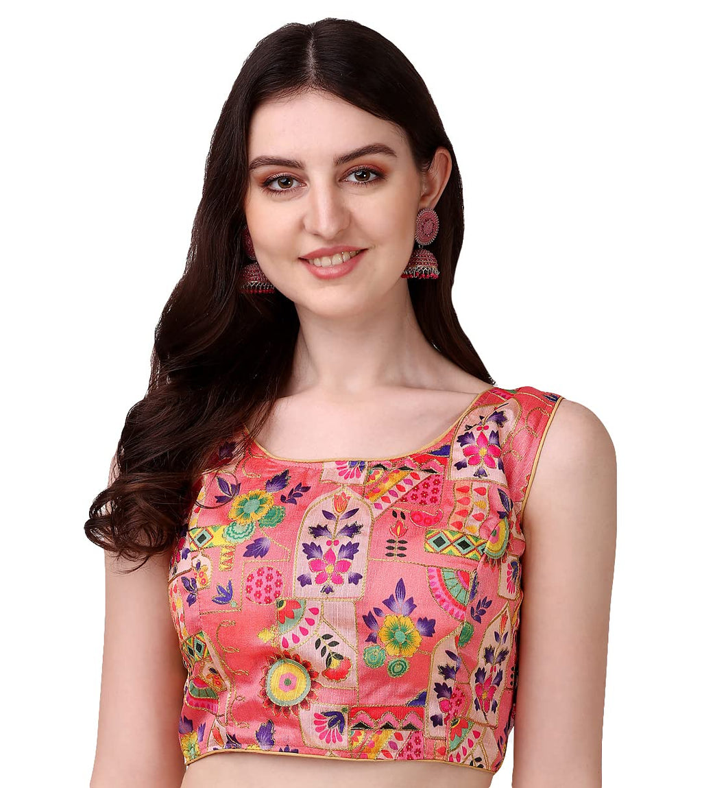 Pujia Mills Womens Phantom Silk Floral Sleeveless Saree Blouse (Peach, 40)