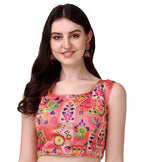 Pujia Mills Womens Phantom Silk Floral Sleeveless Saree Blouse (Peach, 40)