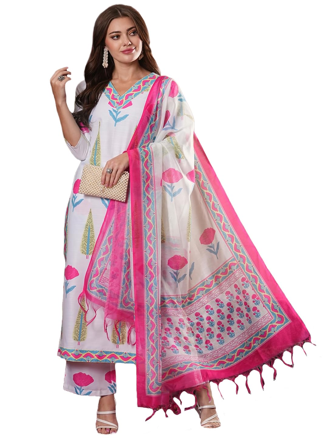 ANNI DESIGNER Women s Rayon Blend Printed Straight Kurta with Pants and Dupatta, white, 36