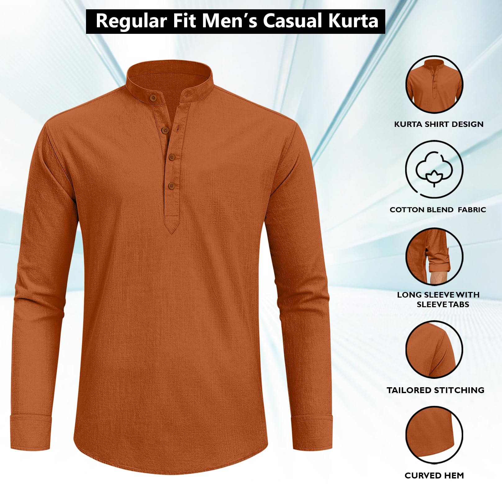 Zombom MenS Cotton Blend Solid Full Sleeve Short Kurta Shirt With Mandarin Collar Brown