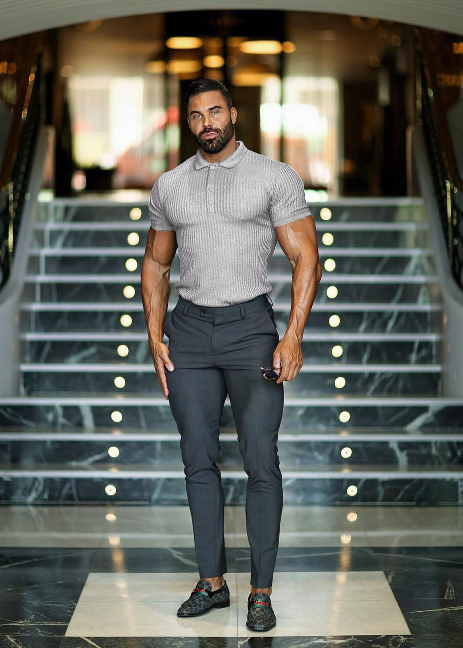 Muscle Polo Shirts for Men Slim Fit Short Sleeve Golf Shirts Men Dry Fit Shirts Casual Stylish Clothes Light Grey