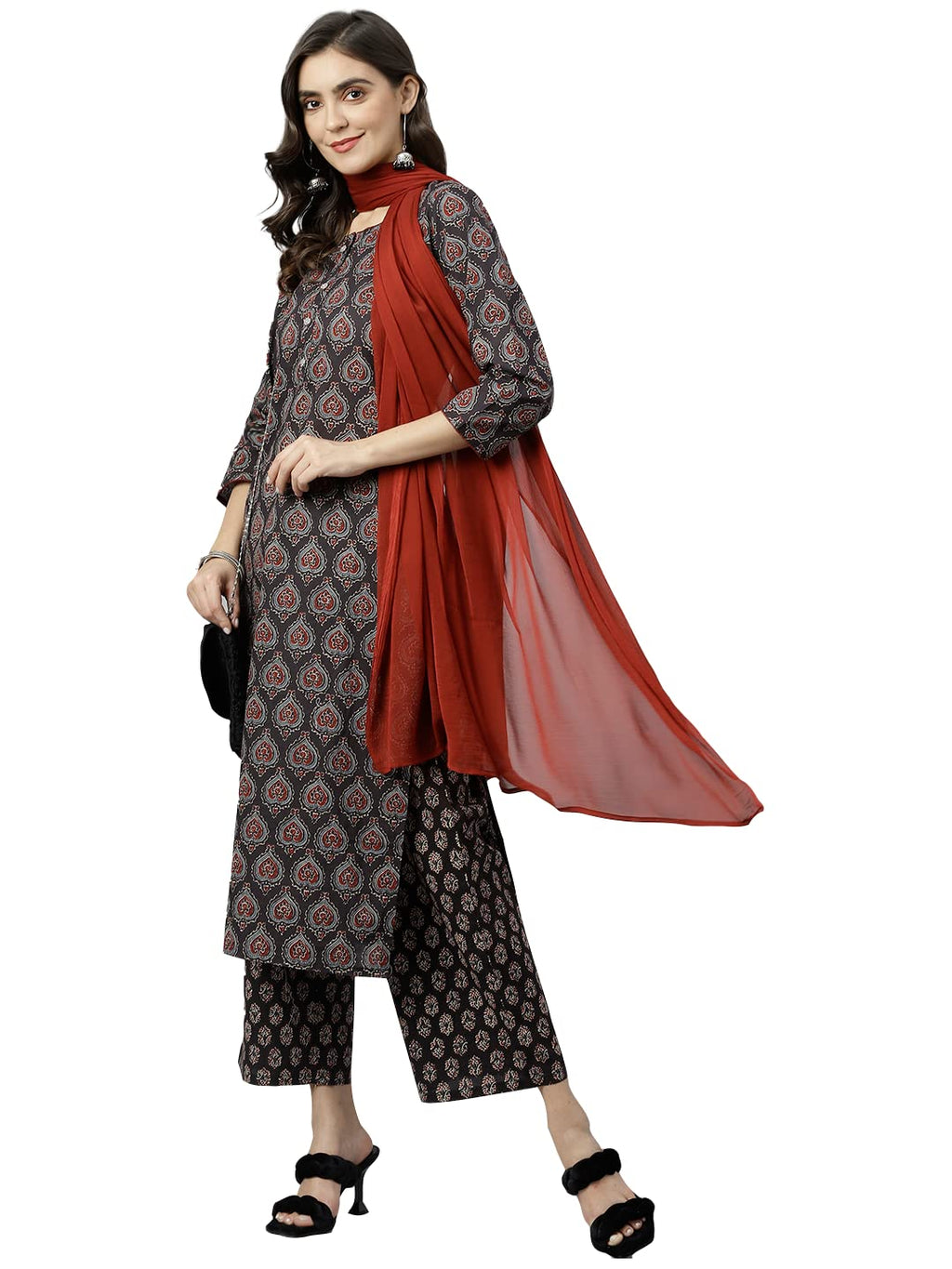 ANNI DESIGNER Women's Cotton Blend Straight Printed Kurta with Palazzo & Dupatta (Anky Brown_L_Brown_Large)