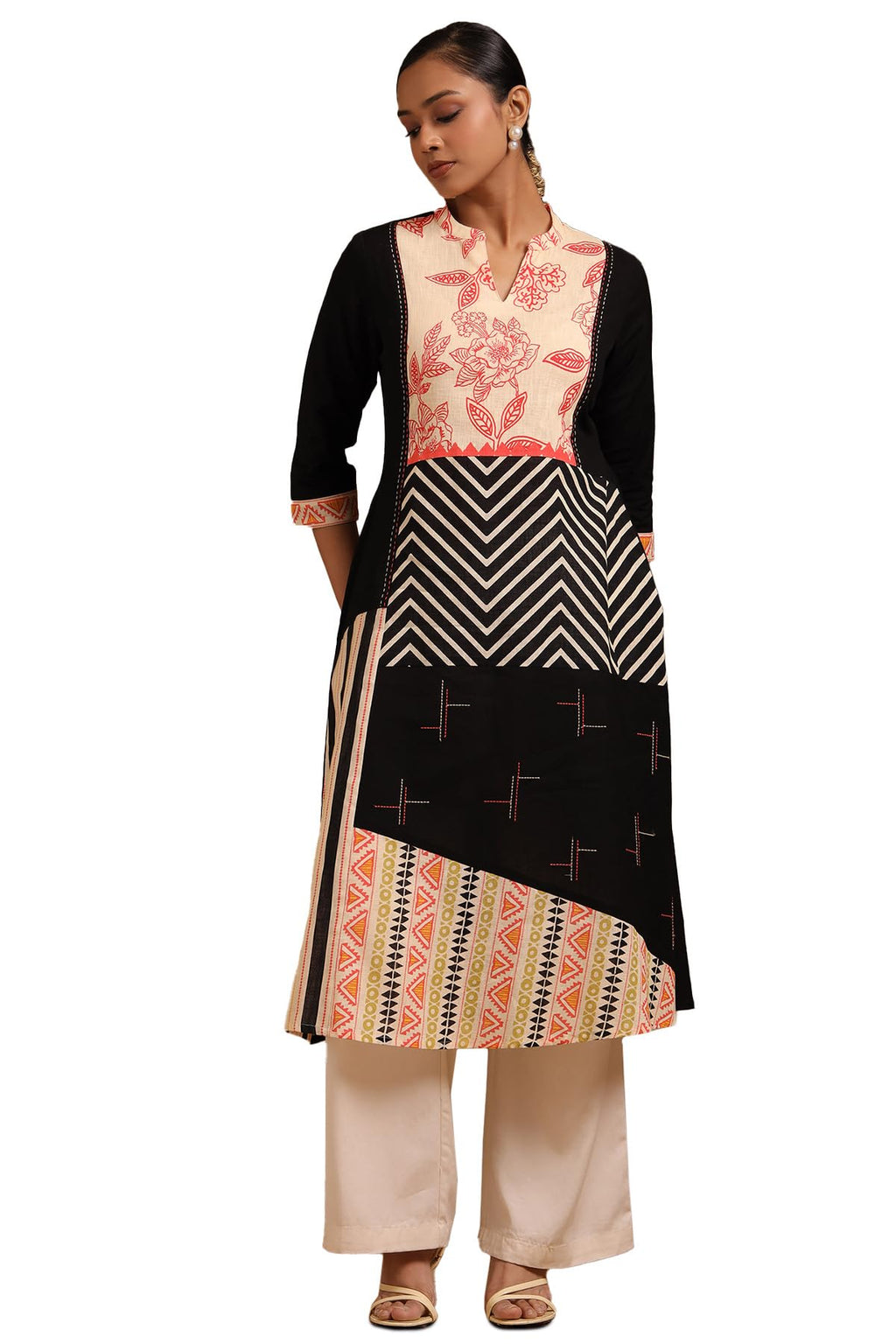 Soch Women Linen Floral Print Kurta with Thread Work