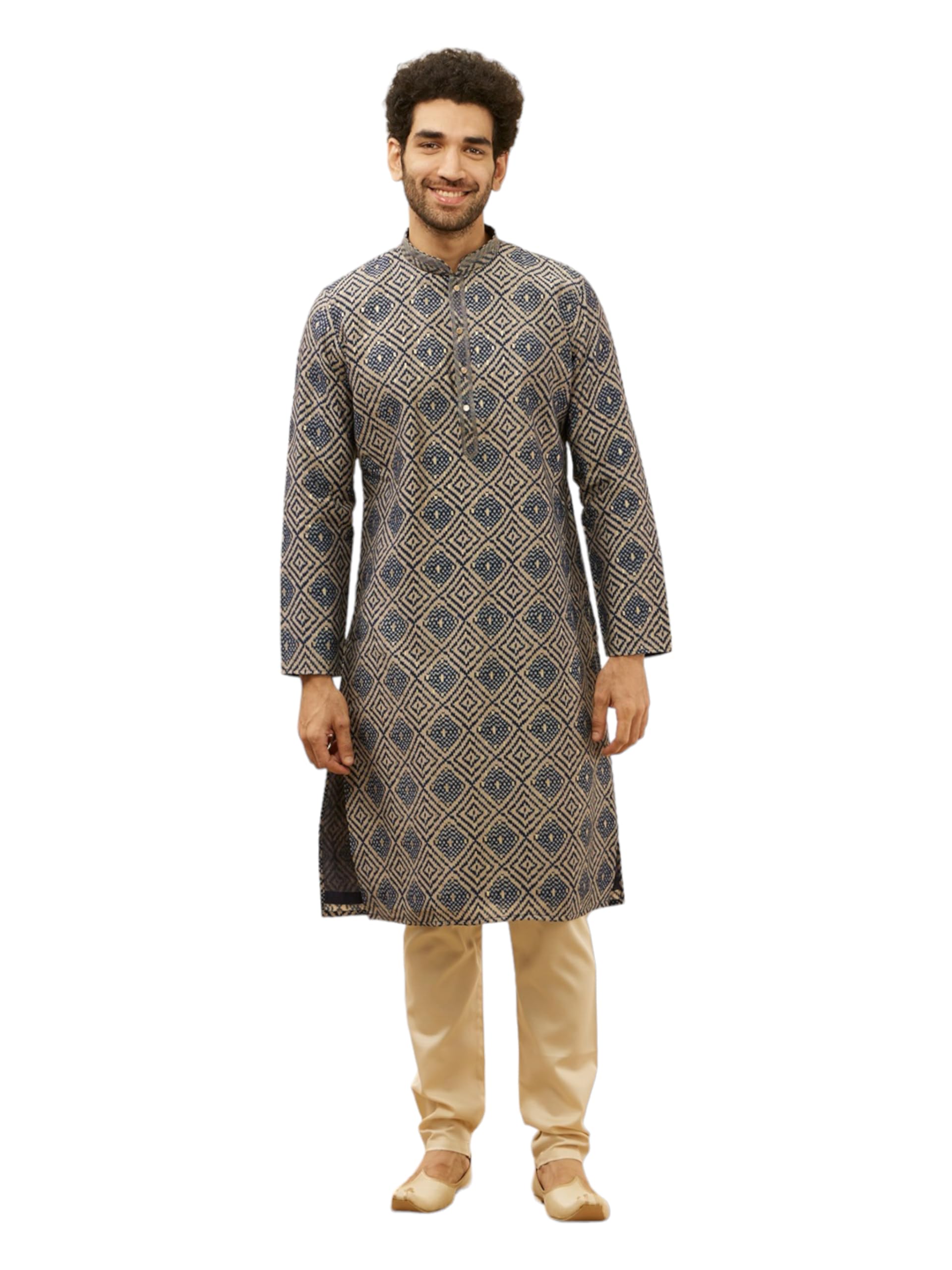 Manyavar Mens Blue Blended Viscose Printed Kurta Churidar Set