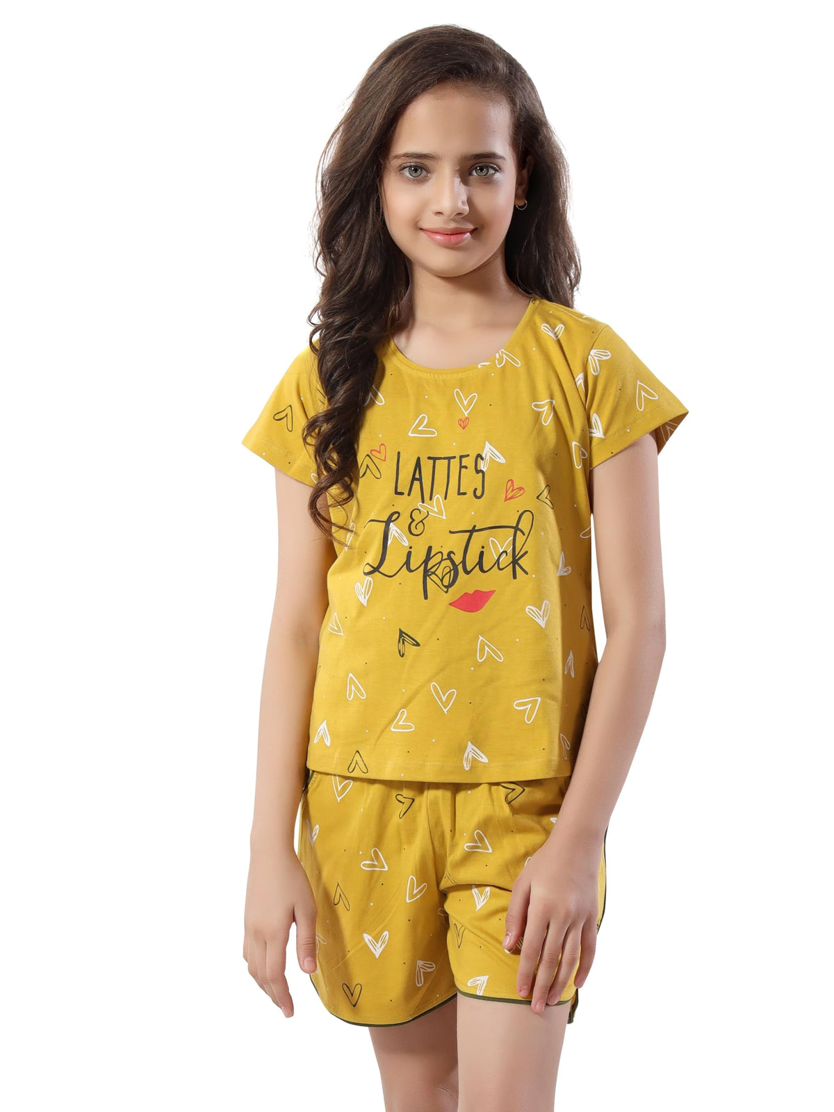 AV2 Girls Cotton Printed Night Suit Shorts Set Yellow 1415 Years 6639 14-15