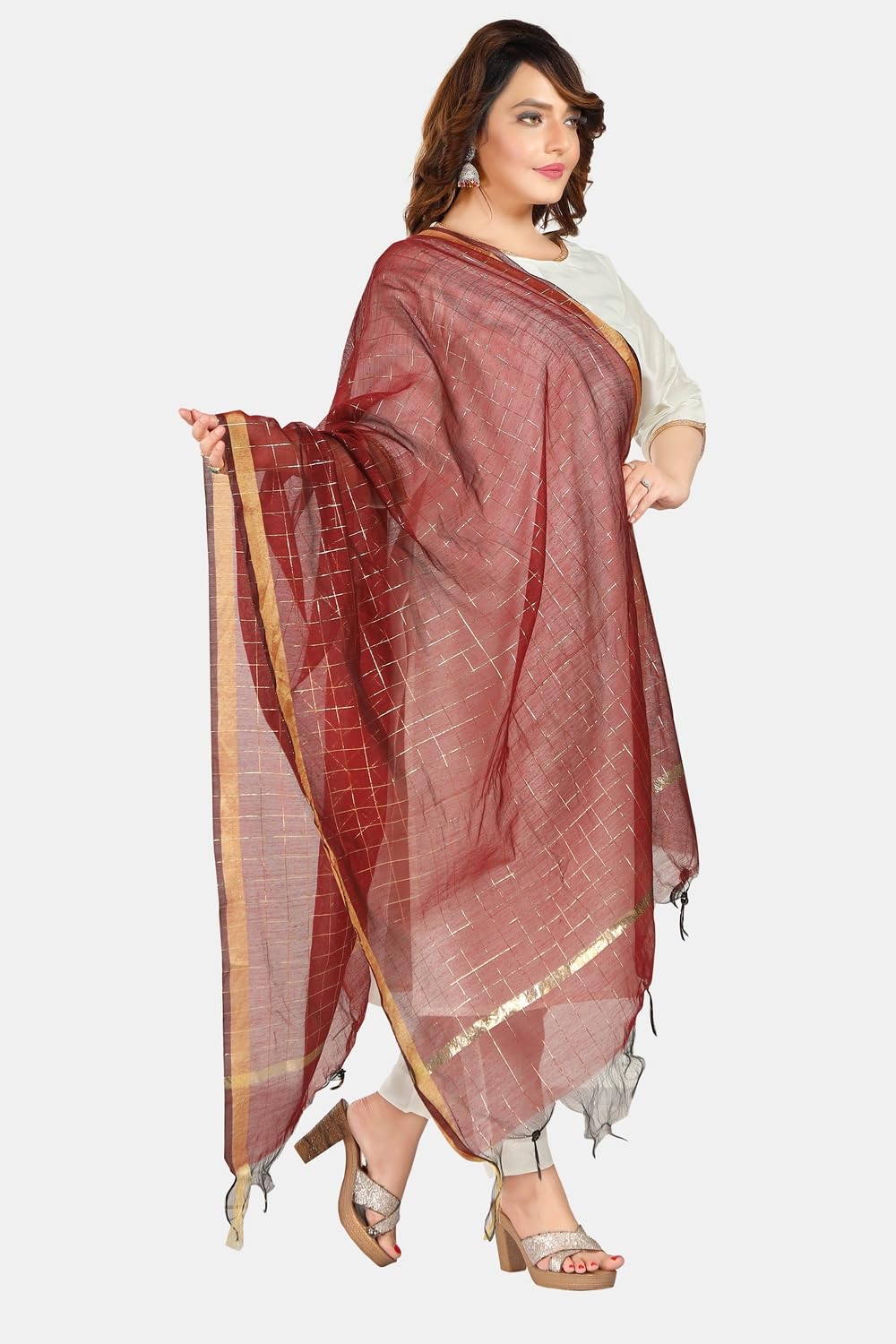 Fabme Women'S Silk Blend Checkered Dupatta With Embellish Golden Border Chocolate, Free Size