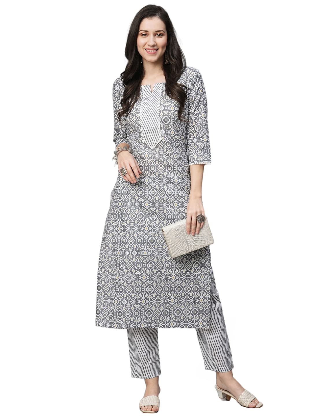 Gosriki Women'S Cotton Blend Printed Straight Kurta With Pant (Kavi-Grey-Nw07-Gs_Xxl_Grey_Xx-Large)