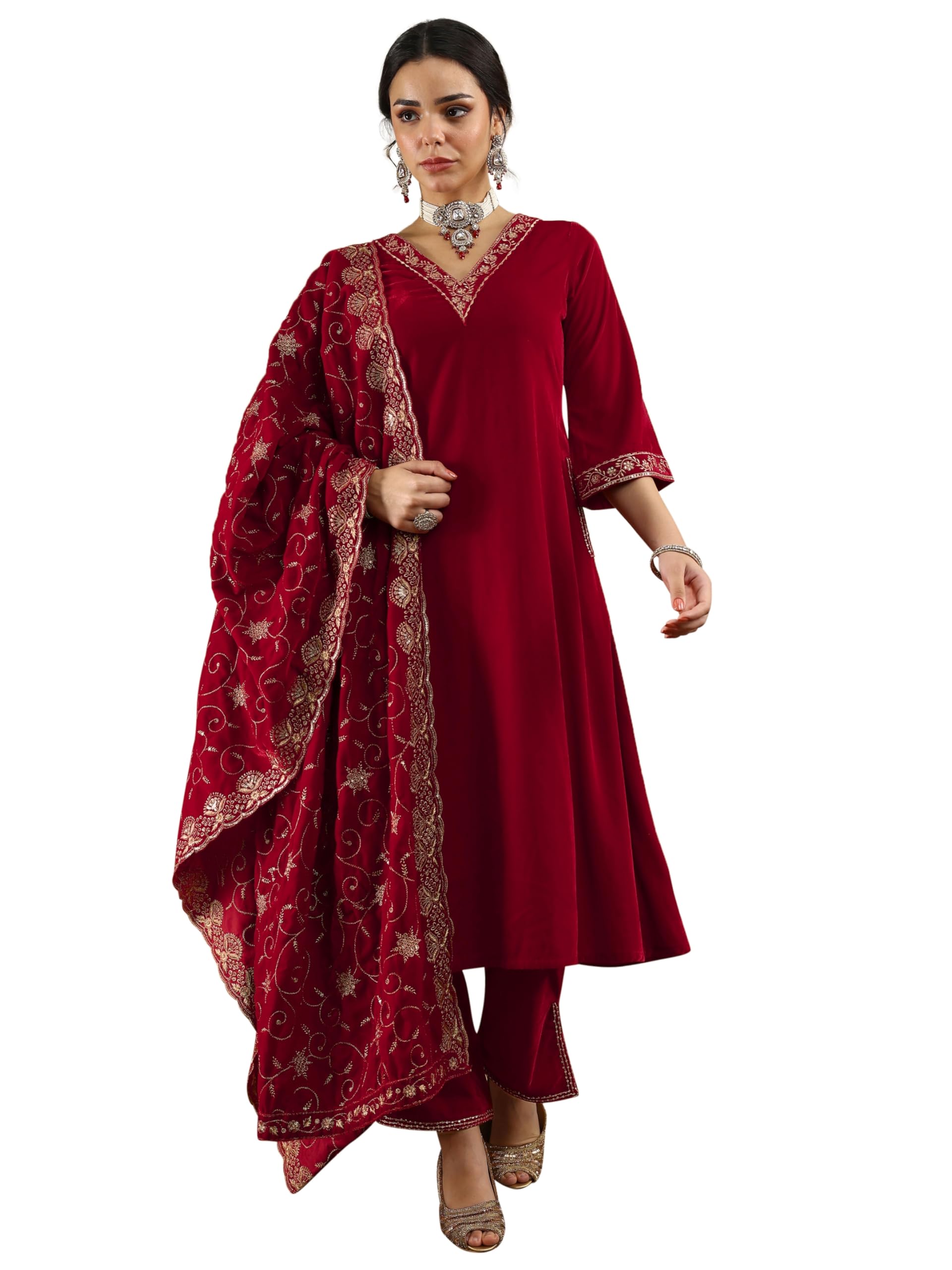 Libas Embellished Velvet A-Line Kurta With Trousers and Dupatta-36976-3XL