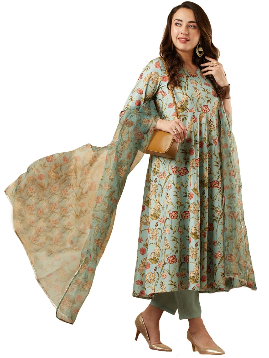 ANNI DESIGNER Womens Cotton Blend Anarkali Printed Kurta with Pant & Dupatta (Meets-Green_S_Green_Small)