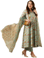 ANNI DESIGNER Womens Cotton Blend Anarkali Printed Kurta with Pant & Dupatta (Meets-Green_S_Green_Small)