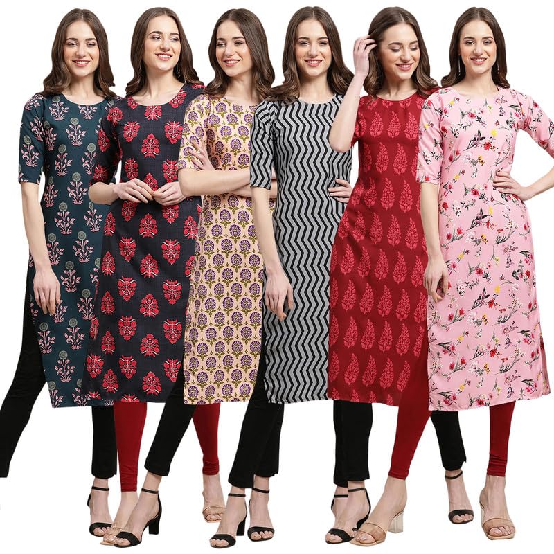 Pinkmint Printed Kurti for Womens ll Straight Kurtis for Womens ll Stylished Kurti (Pack of 6)