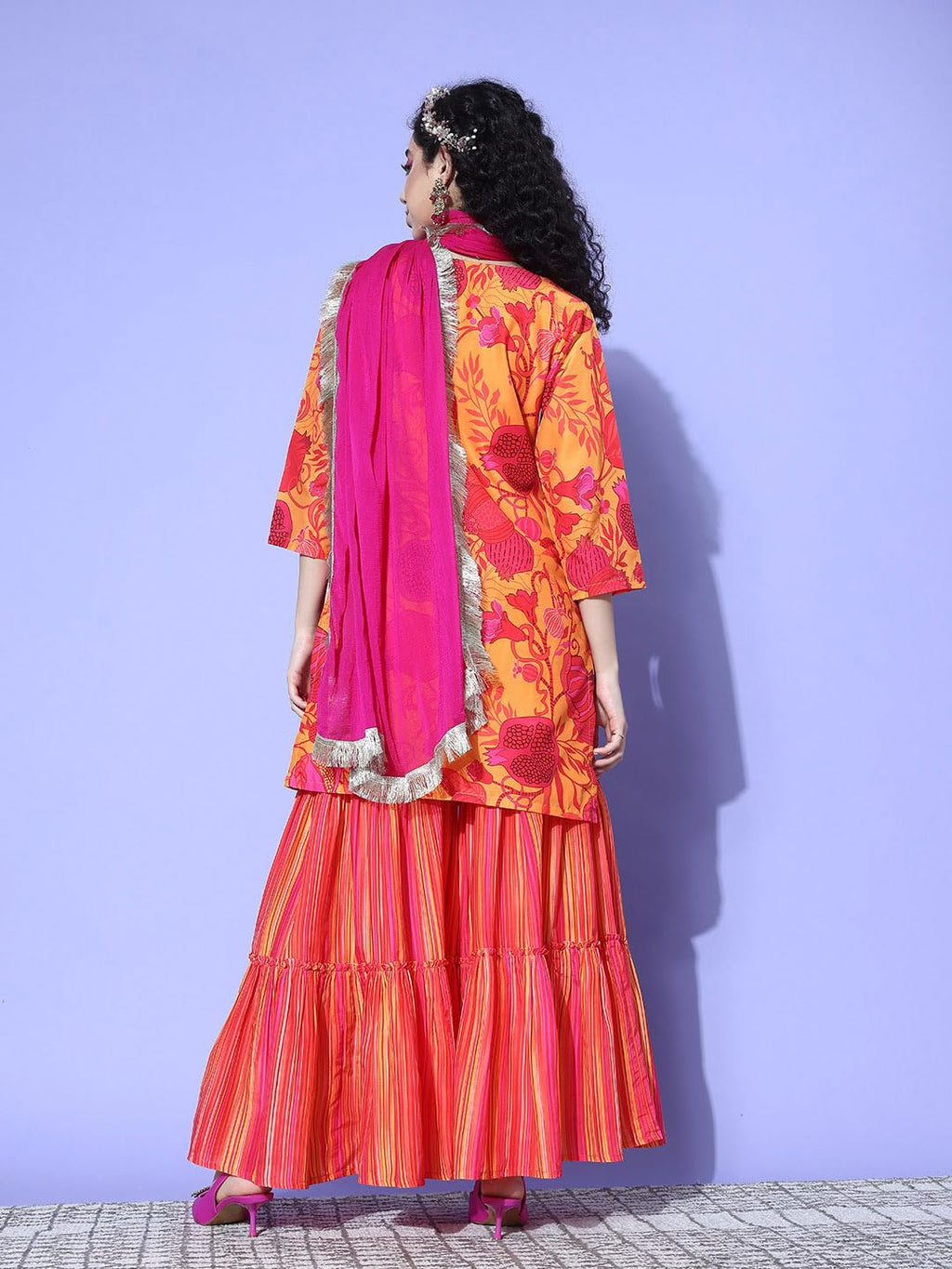 Varanga Women Yellow Abstract Printed Straight Kurta Paired With Sharara And Dupatta