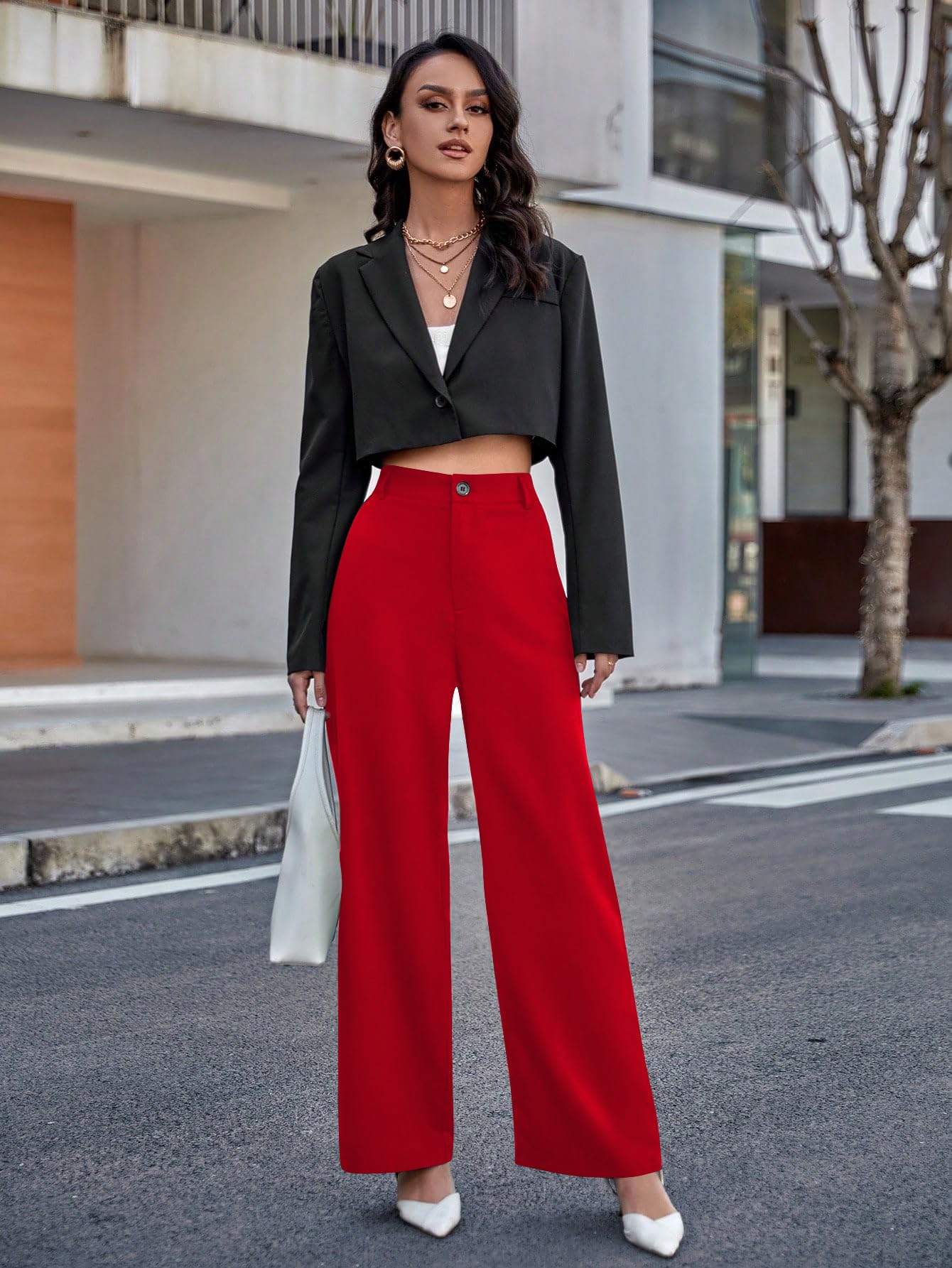 Toochki Straight Pants Trousers for Women with High Waist, Formal Spandex Pant for Women Office Wear Red