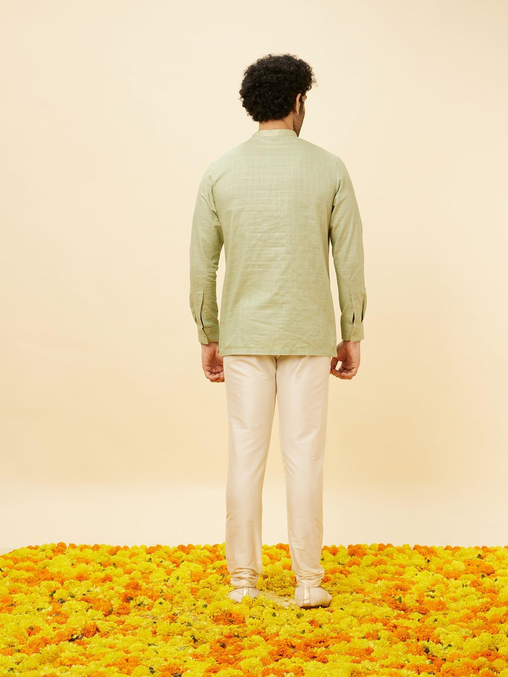 Manyavar Mens Green Cotton Short Kurta