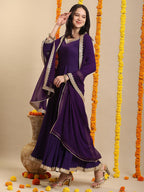 ANNI DESIGNER Womens Rayon Blend Anarkali Solid Kurta with Pant & Dupatta (Shyam BEGANI-VKS03_S_Begani_Small)