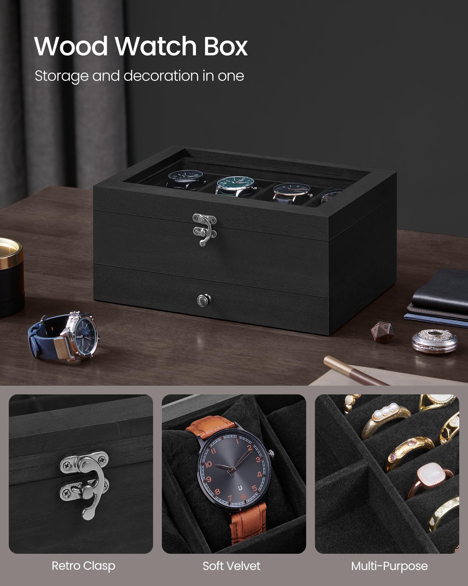 SONGMICS 8-Slot Watch Box, 2-Tier Display Case With Large Glass Lid, Removable Pillows, Velvet Lining, Jewelry Box, Gift Idea, I