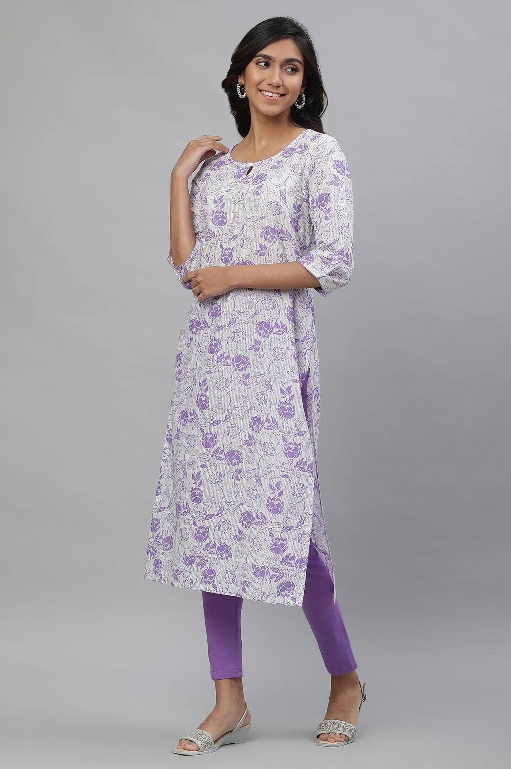 Aurelia White Floral Printed Printed Cotton Straight Long Kurta for Women