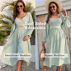Women Tie Back Long Puff Sleeve Dress Sage Ruffle Wrap Reversible Flowy Casual Midi Dress with Pocket for Party Wedding Beach