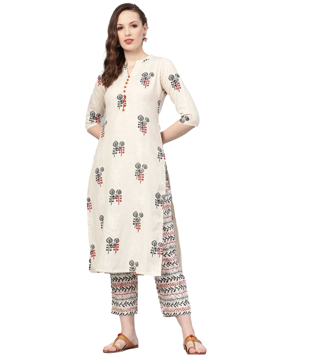 GoSriKi Women's Rayon Straight Printed Kurta with Pant Set(BEL-Cream_XL-GO)