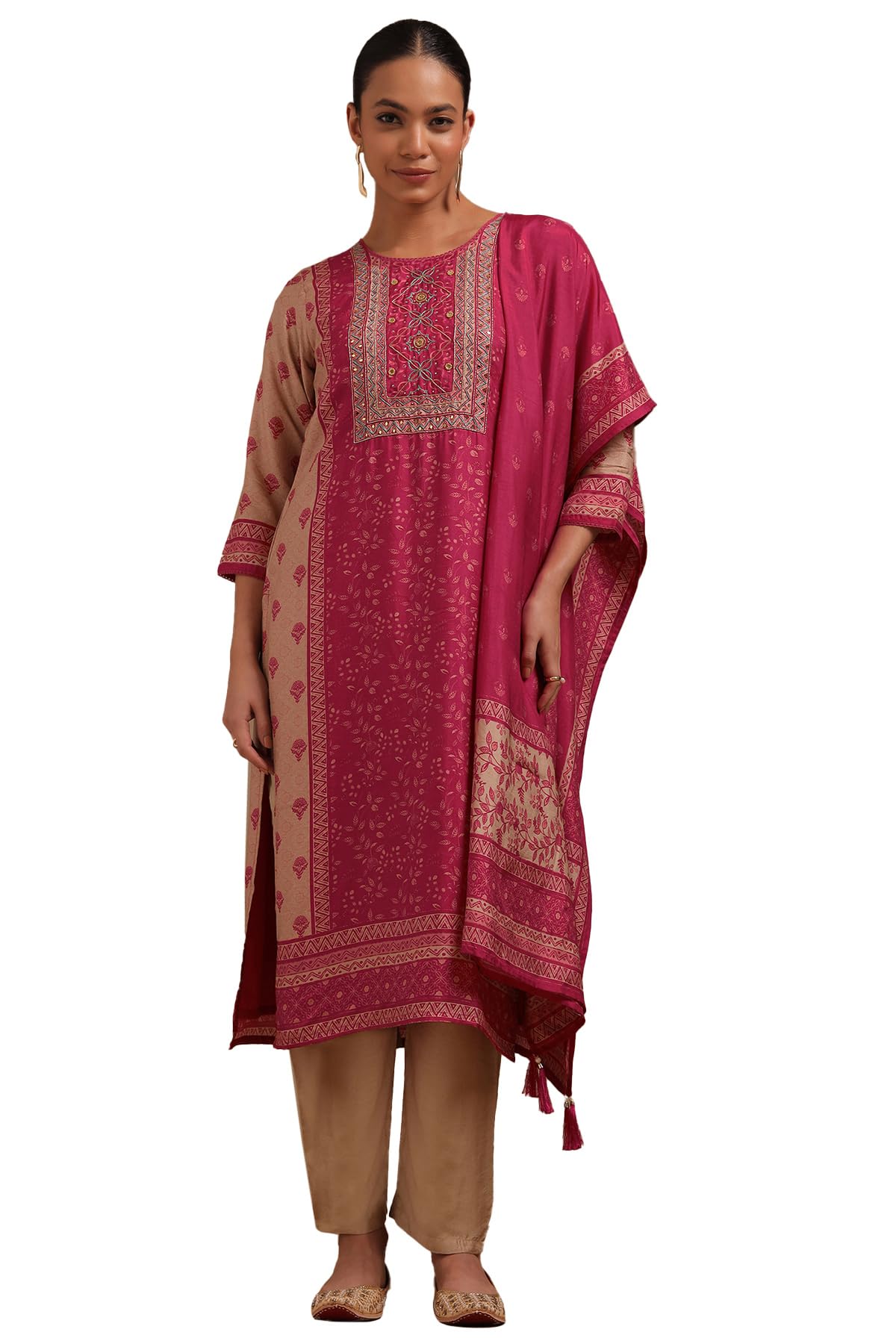 Soch Women Dola Silk Floral Print Suit Set with Work