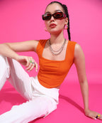 POPWINGS Women Casual Orange Corset Crop Top