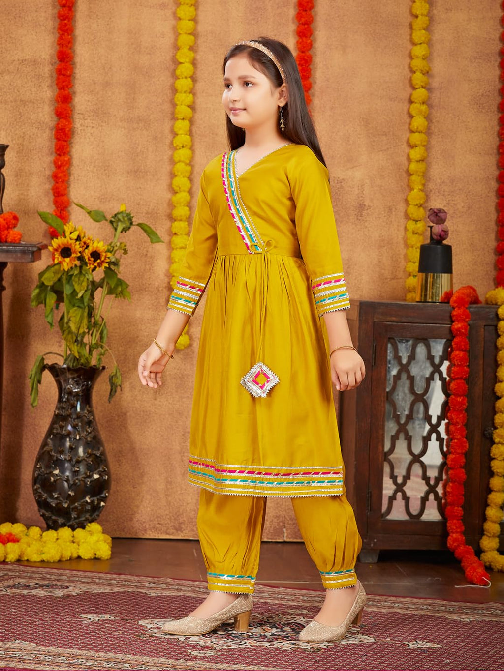 Aarika Girls Ethnic Wear Yellow Colour Solid With Gota Lace Work Silk Kurti Patiala Set (5-11 Years)