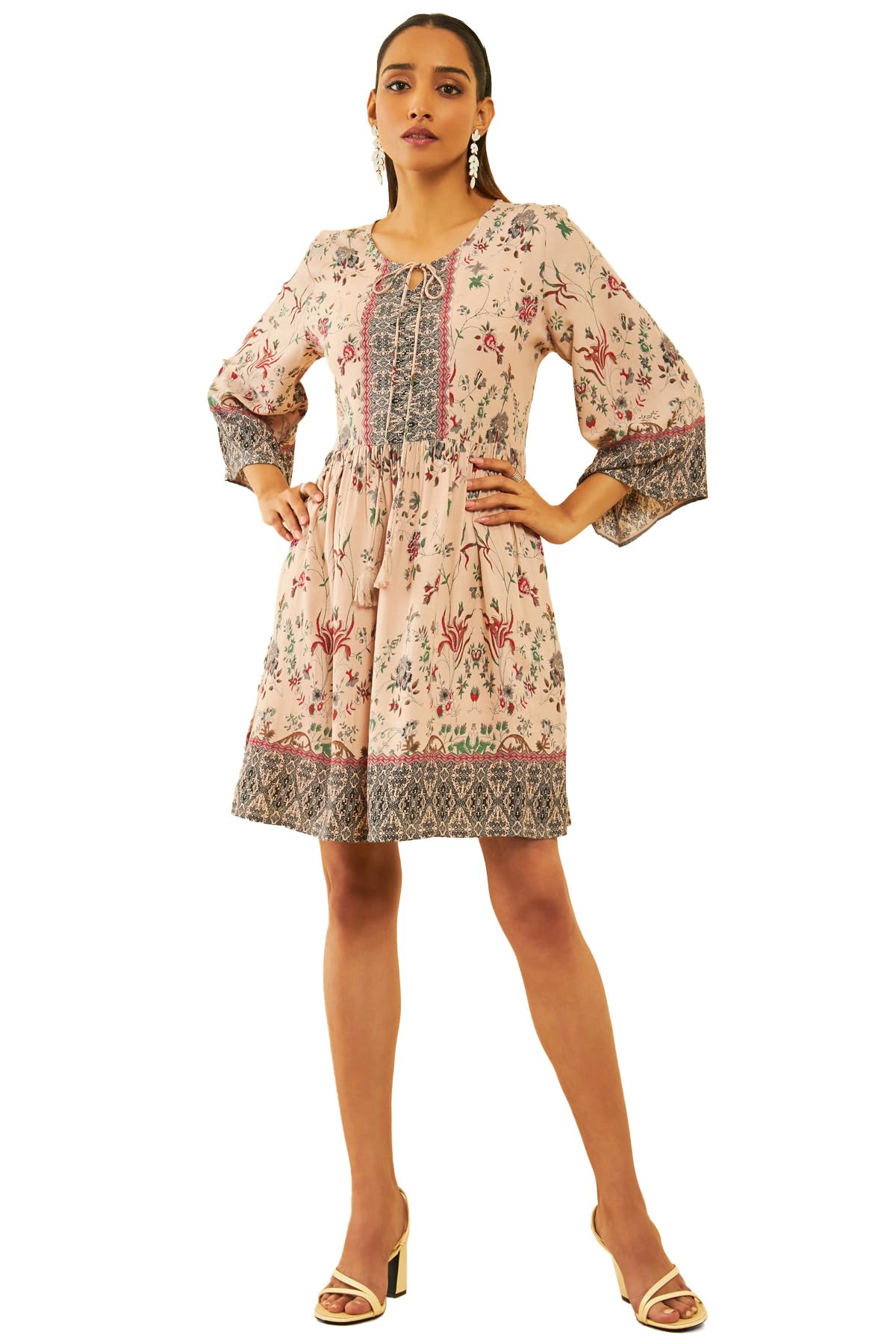 Soch Women Rayon Floral Printed Bell Sleeves Dress with Tassels