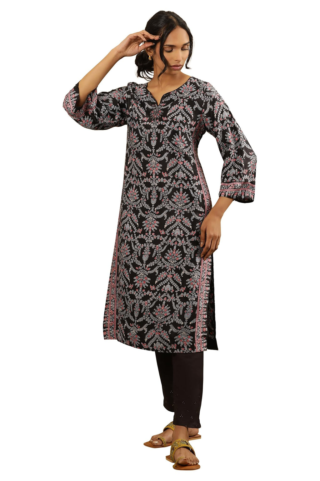 Folksong By W Women Black Festive Floral Print Viscose Straight Kurta_24Maf11685-910737_M