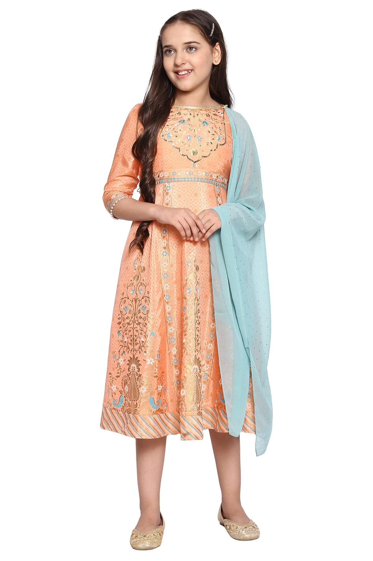 Orange Flared Dress-Dupatta Girls Set