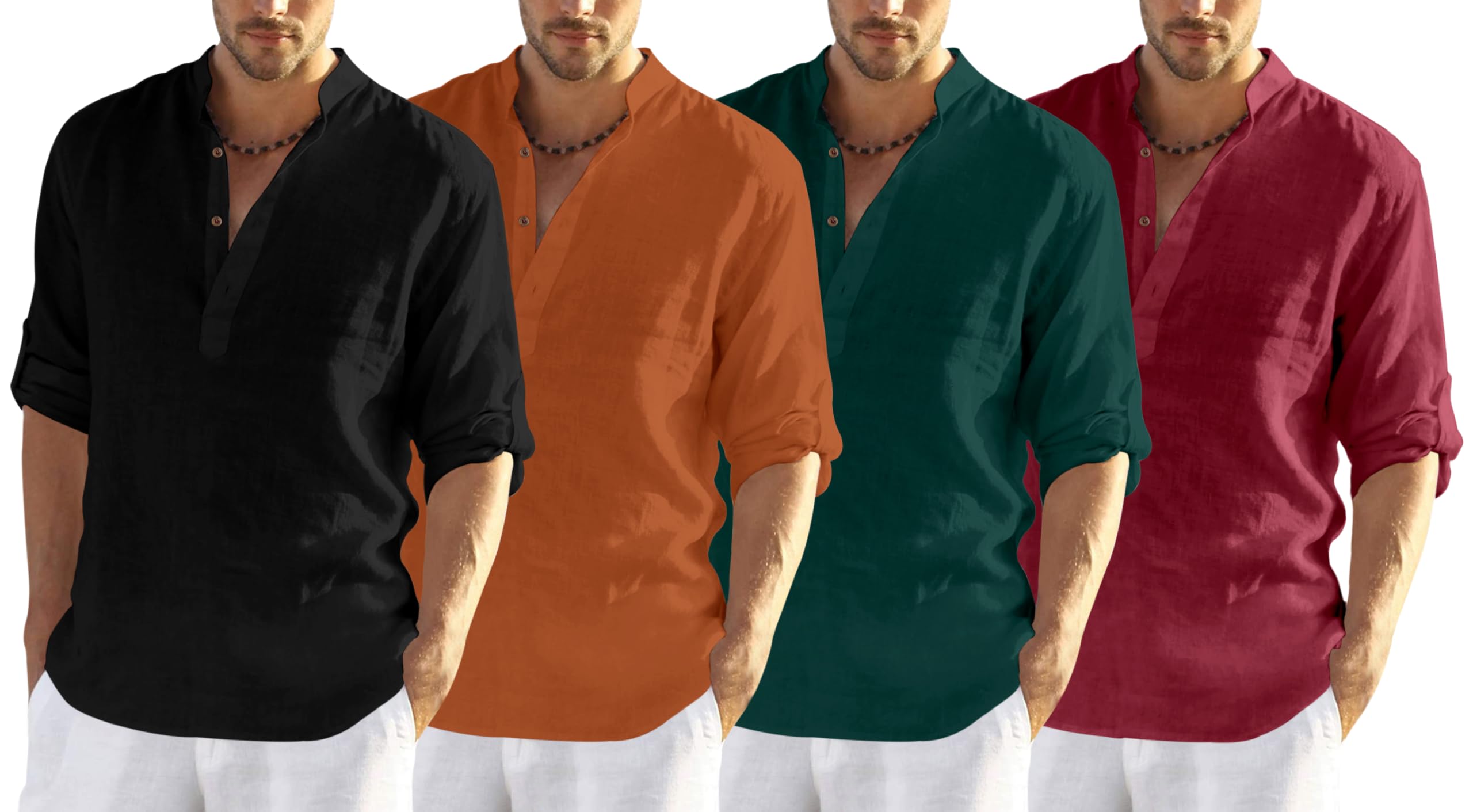 Zombom MenS Cotton Blend Solid Full Sleeve Regular Fit Kurta Shirt, Multicolor, L, Combo Set Of 4