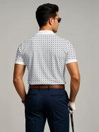 Mens Cotton Printed Polo Tshirt | 220 GSM Interlock Fabric | Slim Fit | Skin-Friendly Ink | White Golf-Inspired Pattern T Shirt